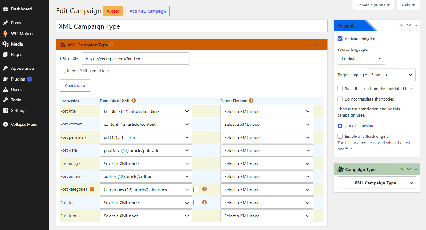 Wpematico xml campaign with the xml campaign type box and the polyglot box activated to translate from english to spanish