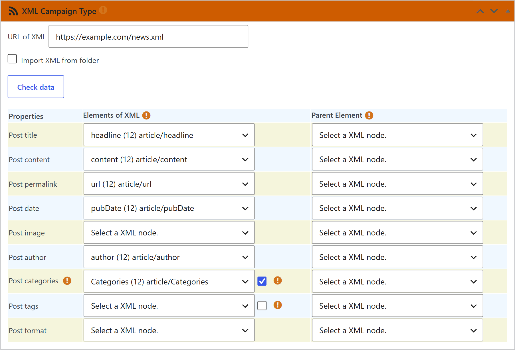 Xml campaign type box with the author, categories, tags and post format properties added by wpematico professional