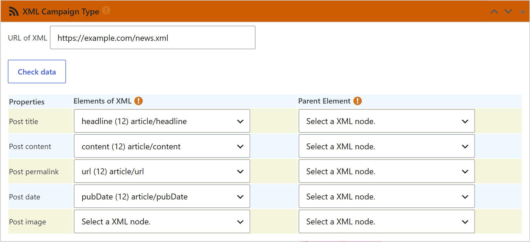 Xml campaign type box with the url of xml and the xml elements matched to each post property