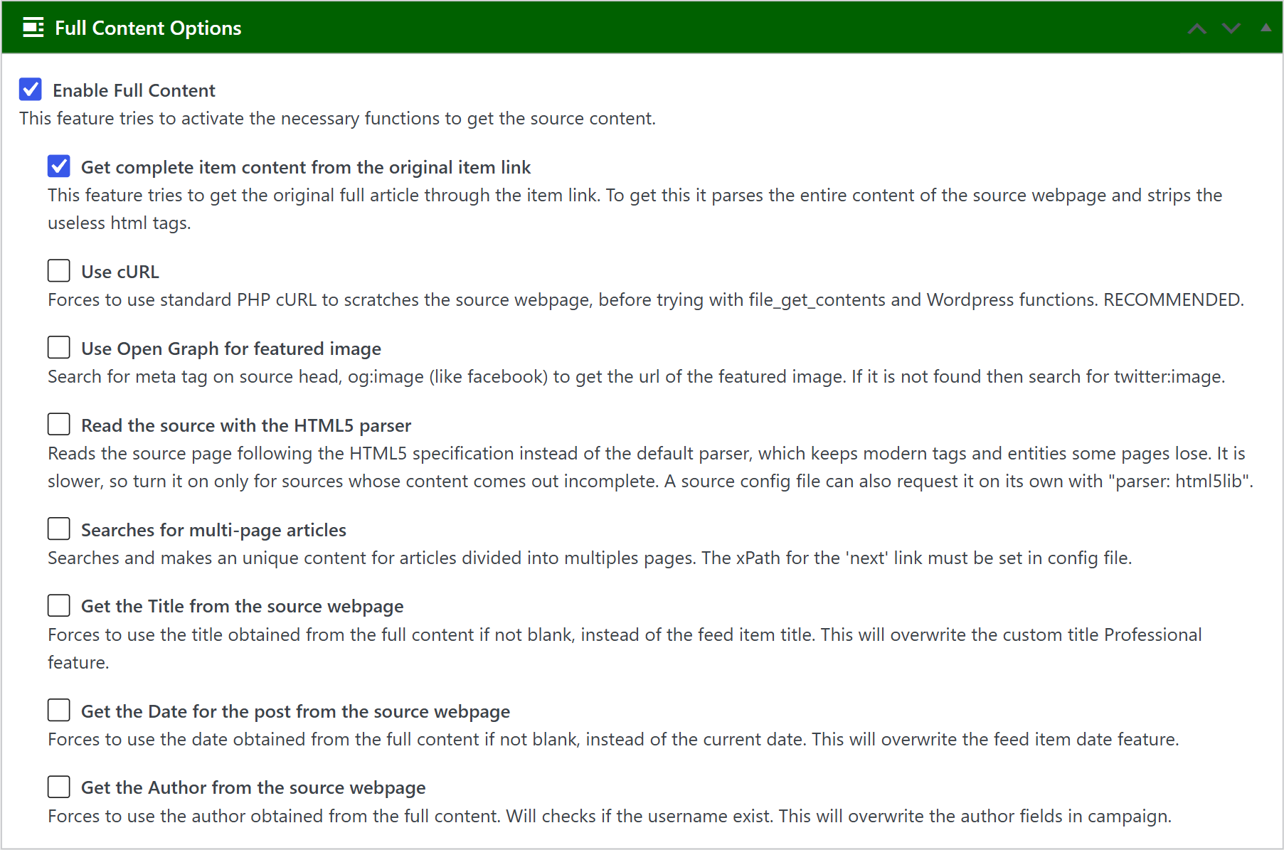 Full content options box with enable full content and get complete item content checked in a wpematico campaign