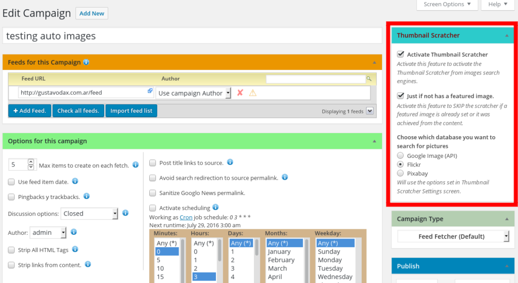 Wpematico thumbnail scratcher campaign options